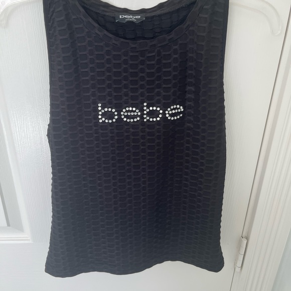 BEBE Y2K Ribbed Rhinestone Bling Logo Tank Top Stretchy Jet Black | Medium - Picture 4 of 6